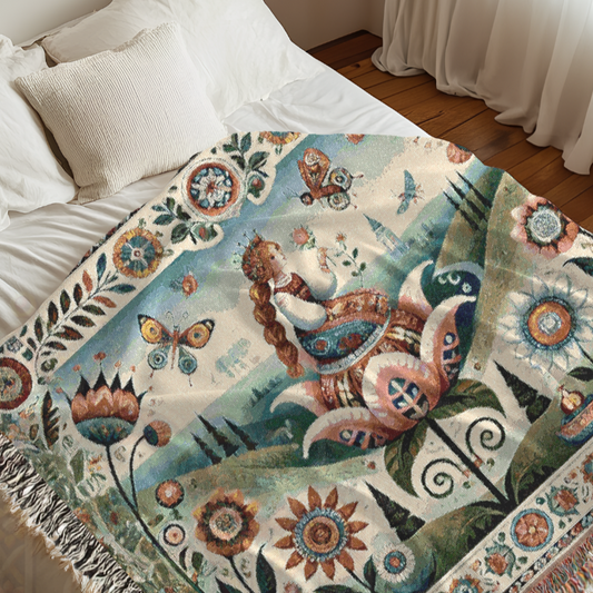 Whimsical Folk Art Thumbelina Inspired Princess Woven Blanket, 100% Cotton Tapestry – Storybook Fairytale Throw, Nordic Boho Home Decor, Cozy Gift for Her