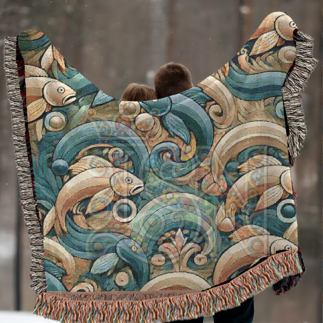 River Dance Folk Art Woven Blanket – Vibrant Fish & Flowing Water Nature-Inspired Throw