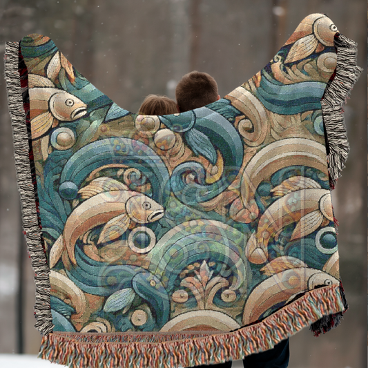 River Dance Folk Art Woven Blanket – Vibrant Fish & Flowing Water Nature-Inspired Throw