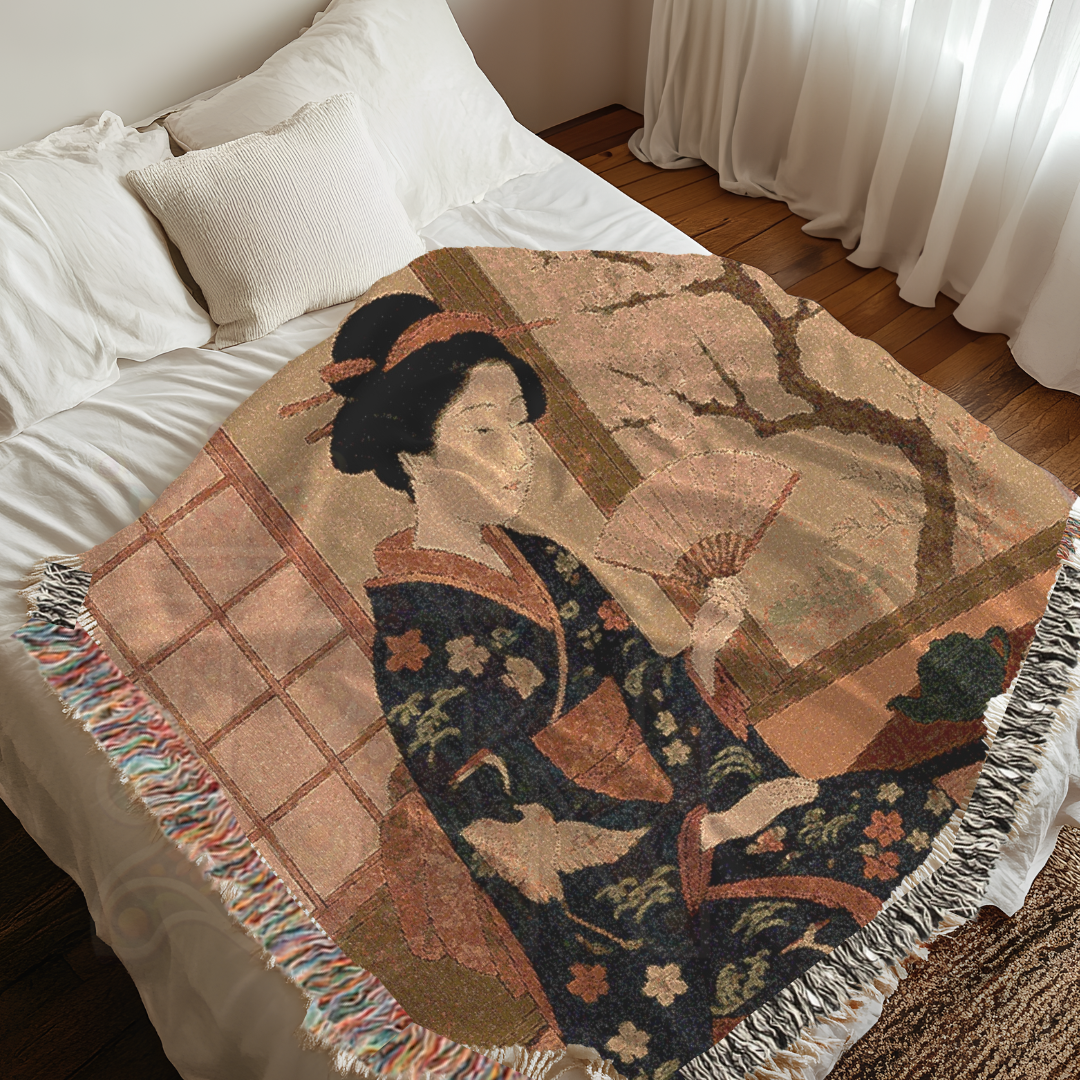Reading by the Window Blanket – Geisha in Spring Woven Blanket – Japanese-Inspired Tapestry Throw with Cherry Blossoms