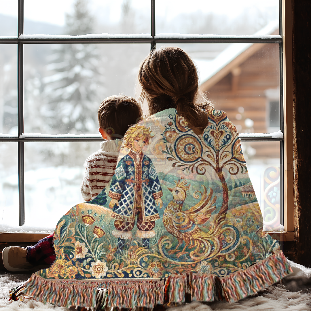 Fairy Tale Folk Art Woven Blanket – Enchanted Prince & Light Firebird, Slavic-Inspired Tapestry Throw for Cozy, Whimsical Décor