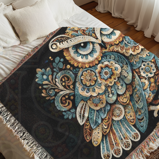 Decorative blanket with intricate owl design on a bed