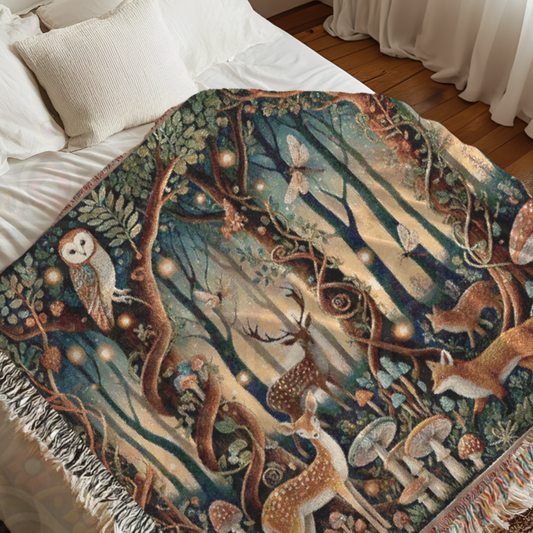 Woodland Twilight Tapestry Blanket – Enchanted Forest Animals & Fireflies Cozy Throw