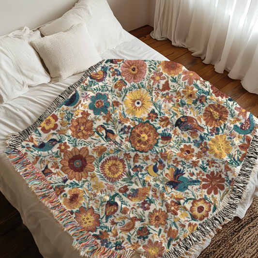 Botanical Garden Woven Blanket, 100% Cotton Tapestry Throw with Vintage Floral & Bird Pattern, Nature-Inspired Home Decor