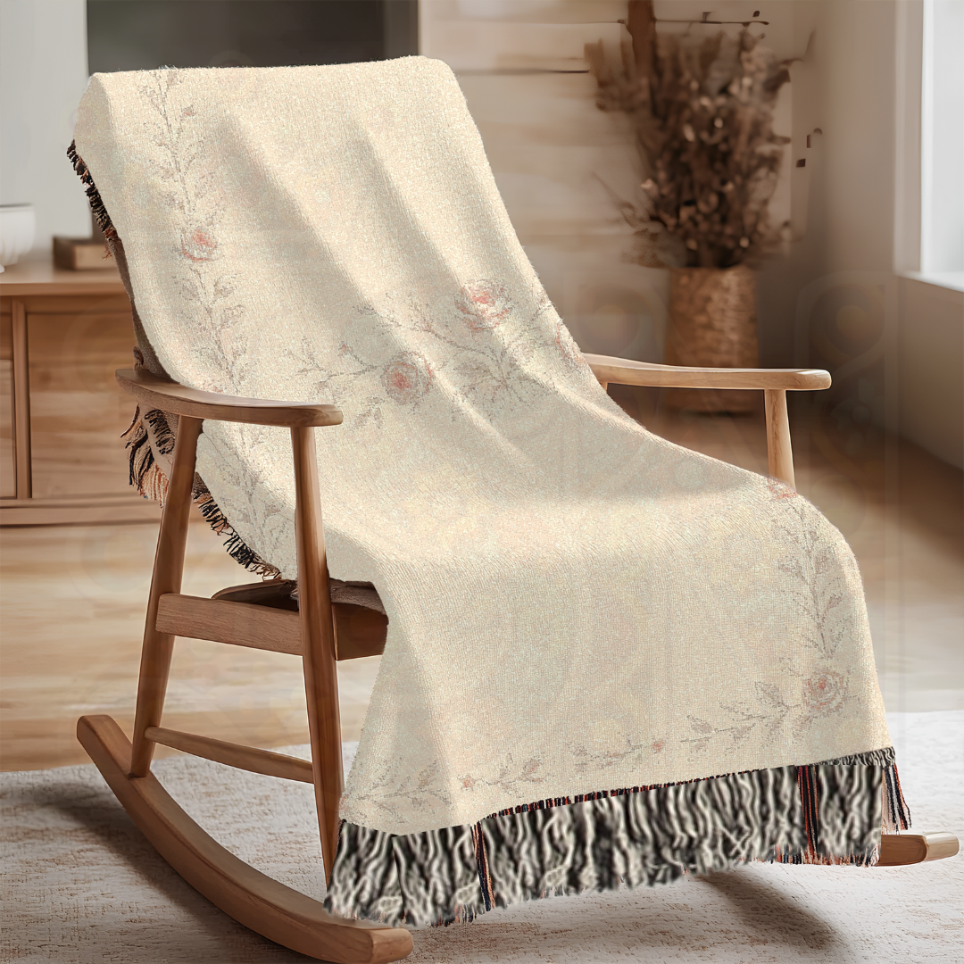 Whispering Roses Fairycore Woven Blanket – Soft Vintage Floral Throw
