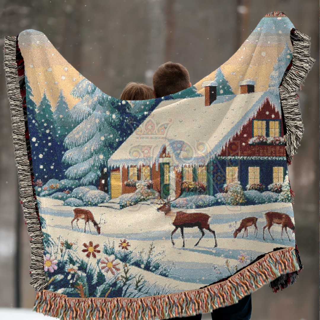 Winter’s Quiet Grace Nordic Folk Art Snowy Cabin Woven Blanket – Cozy 100% Cotton Throw
