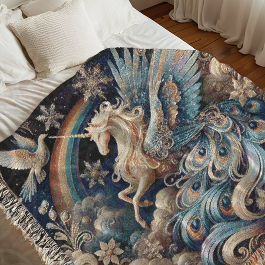 Rainbow Unicorn and Dove’s Blessing Woven Blanket – Bird Peacock Collection Throw Decor