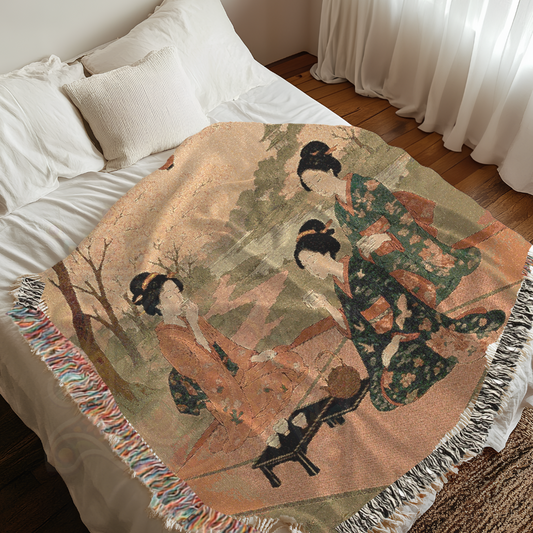 Blossom Gathering – Woven Blanket with Spring Picnic and Kimono-Clad Figures