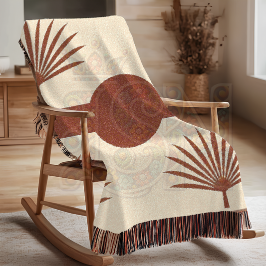 Where the Palms Gather – African Botanical Woven Blanket, Palm Frond Story Throw, Earth-Toned Minimalist Textile Honoring Peaceful Tradition