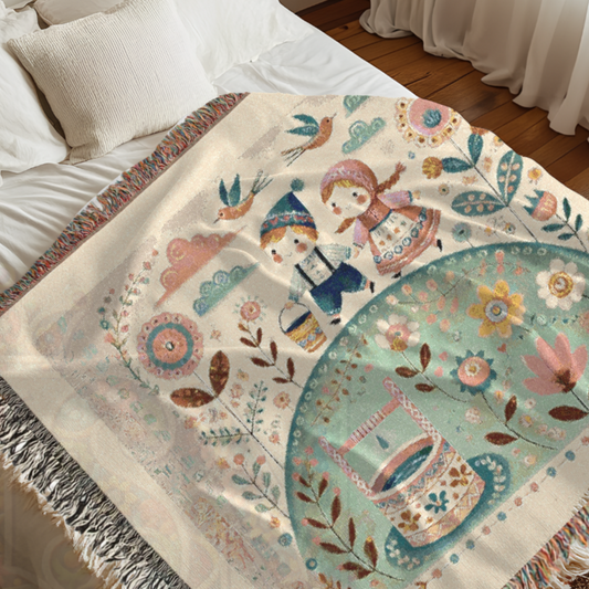 Enchanting Woven Blanket – Folk Art Jack and Jill Scene | 100% Cotton | Fairytale-Inspired Throw | Cozy & Whimsical Home Decor