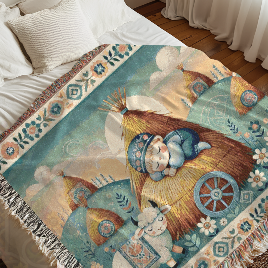 Little Boy Blue Inspired Cozy Farm Woven Blanket – 100% Cotton Tapestry Throw – Sleeping Boy & Sheep Pastoral Scene, Rustic Country Decor, Folk Art Style