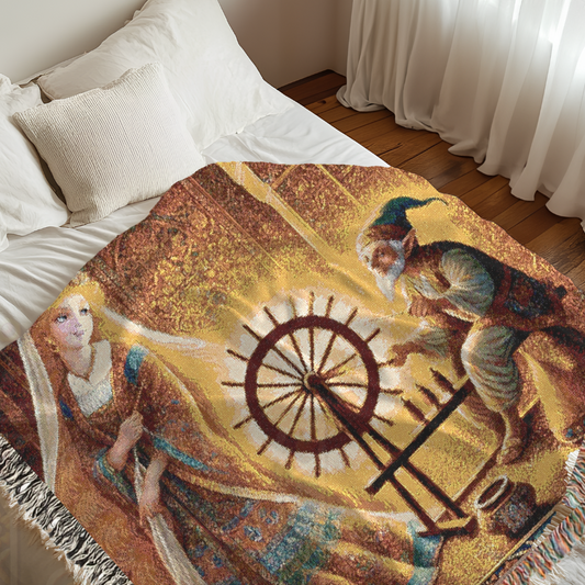 Rumpelstiltskin Woven Blanket - 100% Cotton Fairytale Tapestry - Spinning Gold Decor - Boho Storybook Throw - Whimsical Folklore Gift