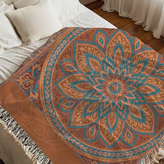 Autumn Radiance – Terracotta and Teal Woven Blanket with Mandala Rosette