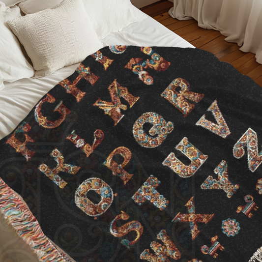 Decorative blanket with floral alphabet pattern on a bed
