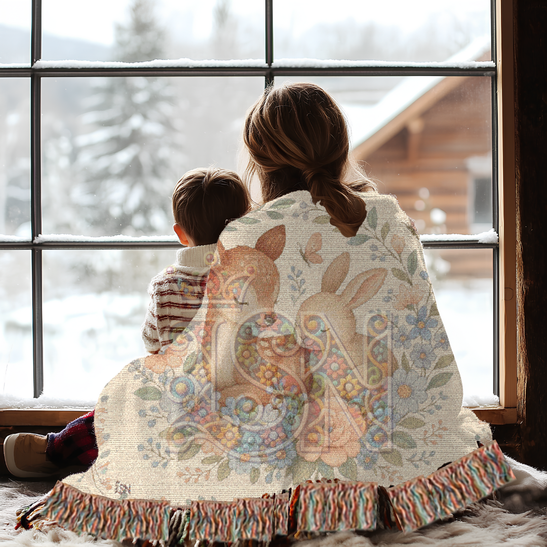 Tender Friends Nursery Gentle Deer & Bunny Floral Woven Blanket – Cozy 100% Cotton Baby Throw