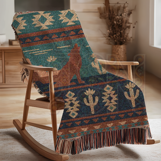 Desert Song – Southwestern Coyote & Cactus Woven Blanket with Folk Pattern