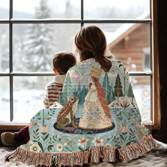 Frog Prince and Enchanted Kiss Fairy Tale Story Throw Blanket – Folk Art Nursery Decor