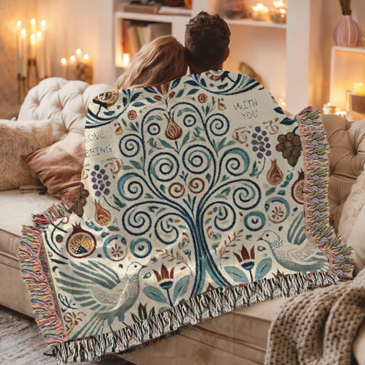Tree of Life "Love being with you" Woven Blanket – 100% Cotton Tapestry Throw | Boho Home Decor | Birds, Nature & Blessings Design
