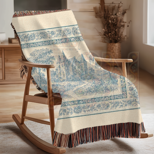 French Chateau Woven Blanket – Blue Toile Cotton Throw or Wall Tapestry with Floral Border & Manor Scene – Elegant Storybook Decor
