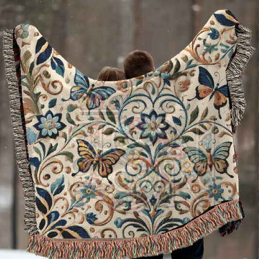 Garden Whispers Blue Butterfly Folk Art Woven Blanket – Serene Nature-Inspired Throw with Elegant Butterflies & Floral Motifs