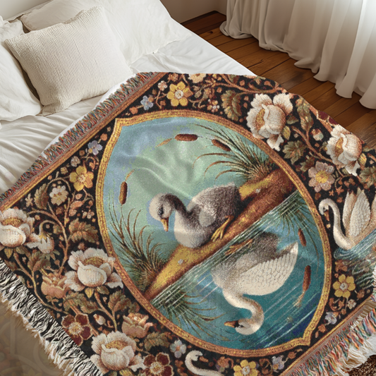 Ugly Duckling Woven Blanket - 100% Cotton Fairytale Throw - Hans Christian Andersen Tapestry - Storybook Nursery Decor - Swan Gift