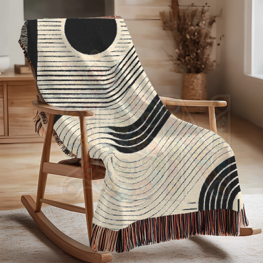 Midnight Flow Minimalist Black & Cream Woven Blanket, Bold Flowing Lines Cozy Throw, Modern Minimal Home Decor Gift