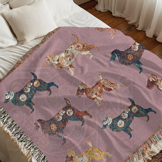 Folk Art-Inspired Dog Breed Blanket in Pink – Labrador, Spaniel, Dachshund & Border Collie, Cozy 100% Cotton Woven Throw