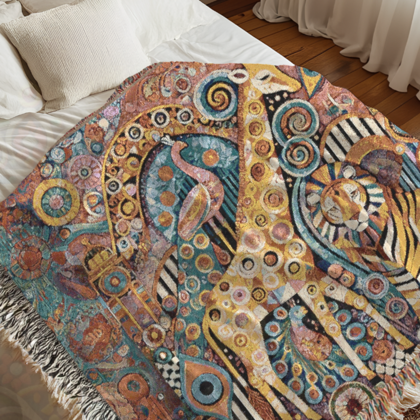 Abstract Safari Animal Woven Blanket – Giraffe, Lion & Zebra Boho Tapestry, Vibrant Folk Art Wildlife Decor, Cozy Jungle-Inspired Throw