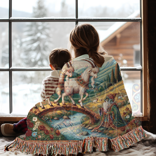 Billy Goats Gruff Woven Blanket - 100% Cotton Fairy Tale Tapestry - Nordic Folklore Home Decor - Storybook Fantasy Throw