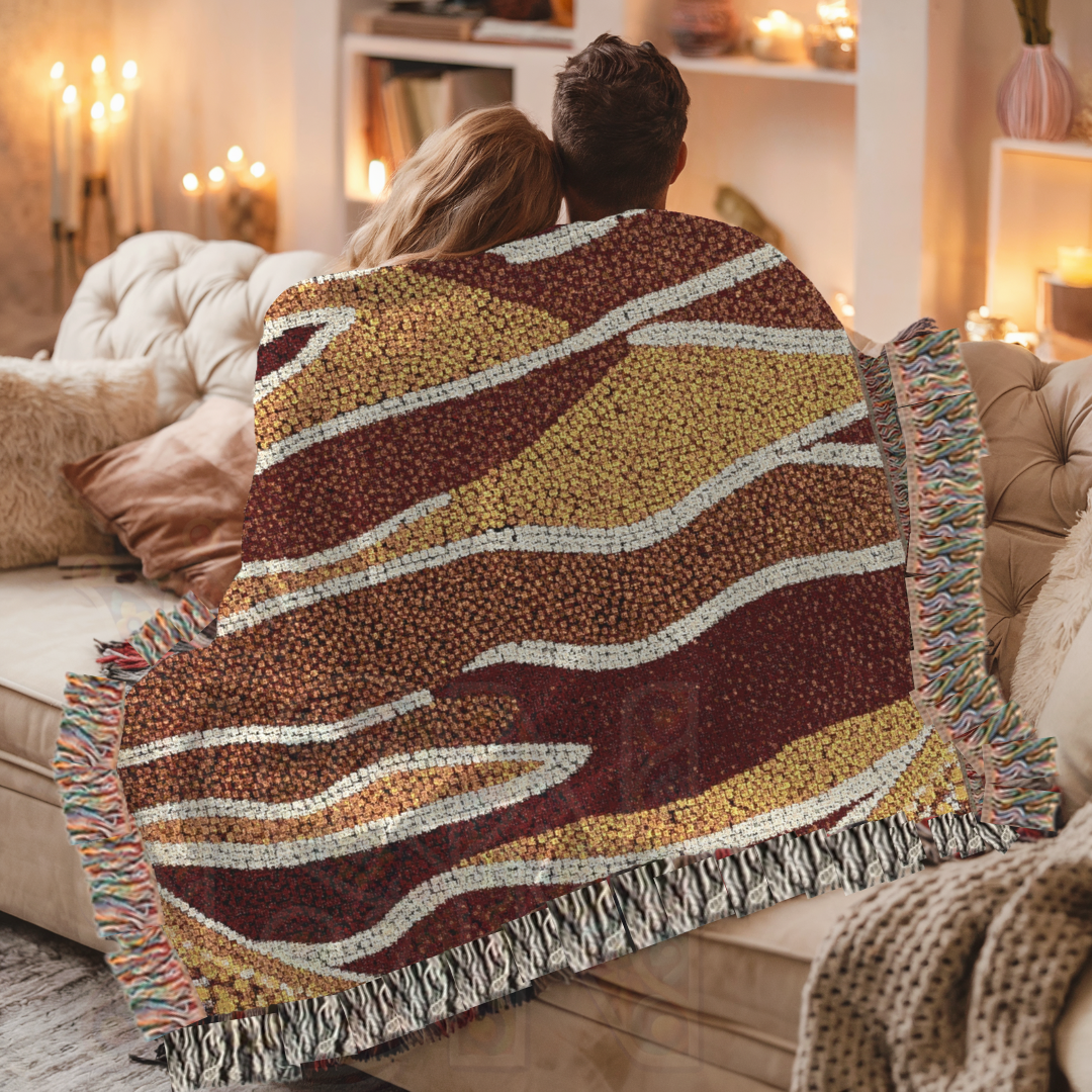 Australian Art-Inspired Woven Blanket – Earthy Tribal Tapestry with Nature Motifs