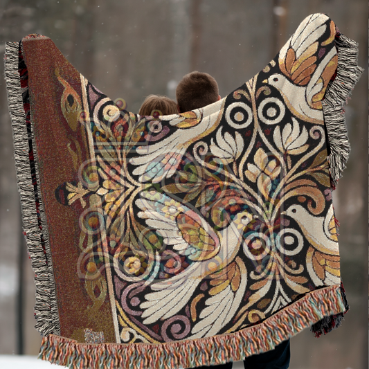 Four Doves Harmony Folk Art Woven Blanket – Peaceful Unity Throw with Ornamental Floral Design