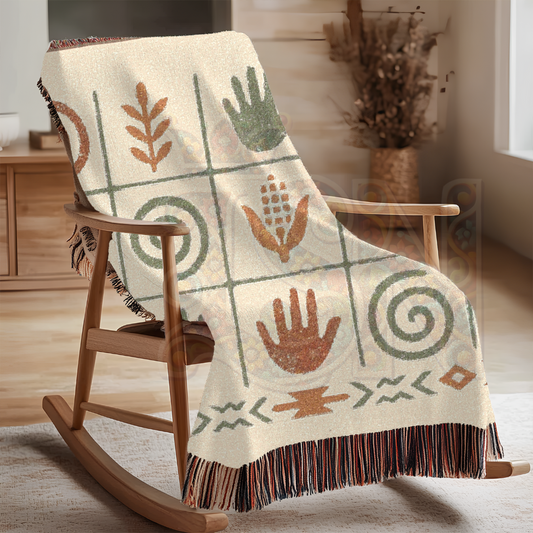 Ancient Echoes – Woven Blanket with Southwest-Inspired Hand, Spiral & Nature Symbols