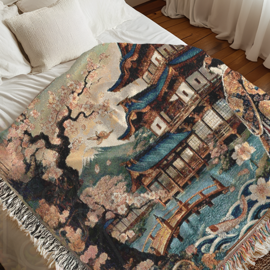 Japanese Garden Kimono Blanket – Cherry Blossom Art Throw, Elegant Asian-Inspired Home Décor