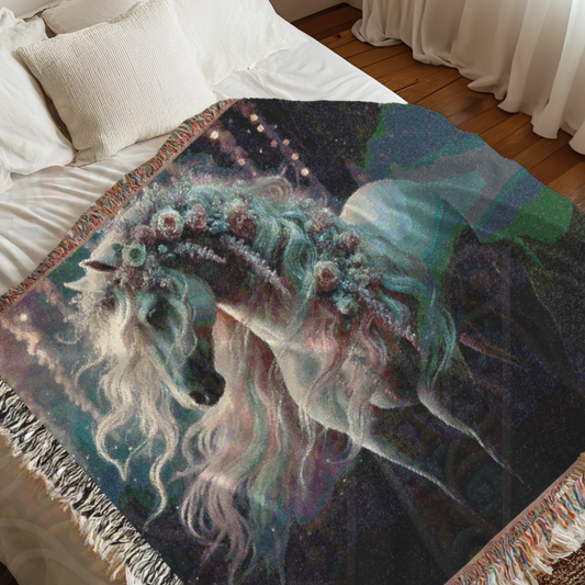 Magical Horse Woven Blanket – Fantasy Tapestry Throw – Mystical Horse with Floral Mane – Fairy Tale-Inspired Decor – Cozy Cottagecore & Gothic Aesthetic