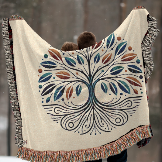 Tree of Life Woven Throw Blanket – Nature-Inspired Cotton Tapestry in Blue & Rust