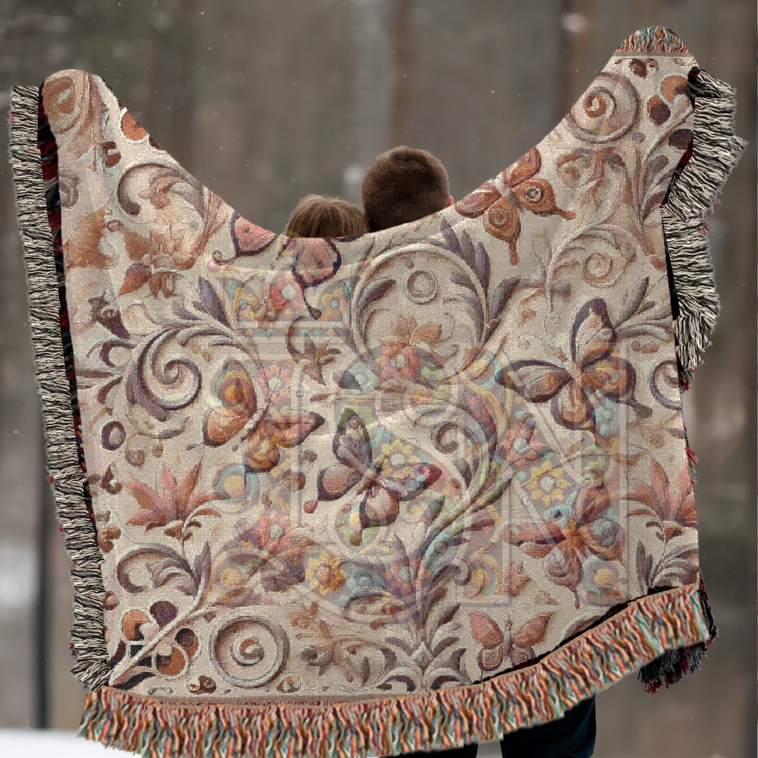 Whispers of Wings Butterfly Garden Woven Blanket – Elegant Folk Art Throw with Butterflies & Floral Motifs for Home & Gift