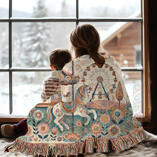 Pastel Magical Carousel Horse Woven Blanket – Whimsical Fairytale Tapestry Throw, Cottagecore Folk Art Blanket, Soft Boho Nursery Decor, Cozy Carnival Gift