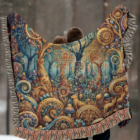 Whimsical Golden Trees – Folk Art Woodland Woven Throw Blanket