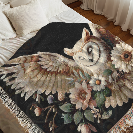 Dark Owl Asleep Woven Blanket – Rustic Woodland Aesthetic Throw, 100% Cotton, Cozy Gothic Nature-Inspired Decor