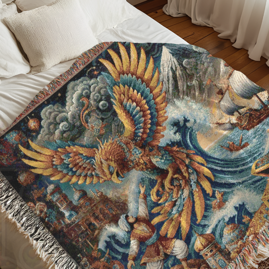 Persian Phoenix Woven Blanket - 100% Cotton Mythical Bird Throw - Boho Tapestry Wall Art - Fantasy Treasure Map Gift