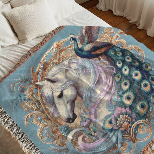 White Horse & Peacock Woven Blanket – 100% Cotton Tapestry Throw in Blue – Elegant Boho Decor, Cozy Art Blanket, Unique Gift, Luxury Home Accent