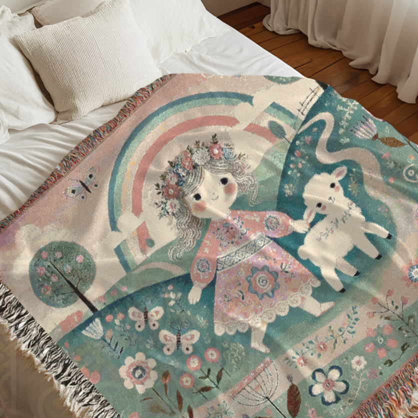 Mary Had a Little Lamb Woven Blanket, Light Pastel Fairytale Cotton Tapestry Throw
