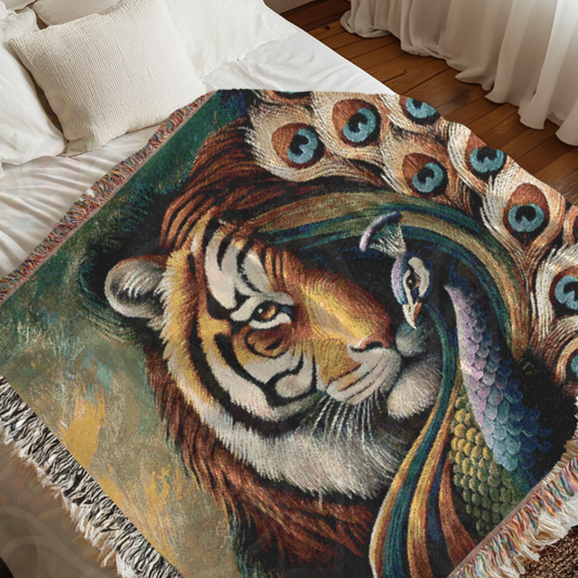 Regal Tiger & Peacock Woven Blanket – Bold Nature Art – Boho Animal Throw – Mystical Wildlife Tapestry – Cotton Woven Decor – Jungle & Majestic Beauty