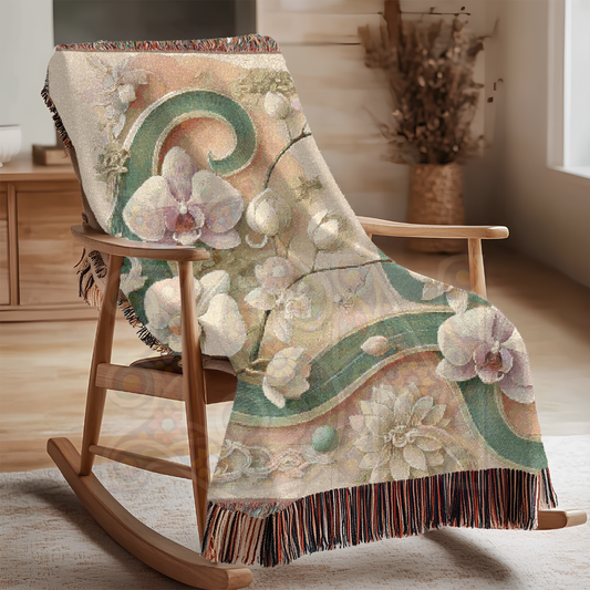 Elegant Floral Woven Blanket – Soft Botanical Throw – Vintage-Inspired Orchid & Lotus Tapestry – Romantic Cottagecore Home Decor – Cotton Artisan Blanket