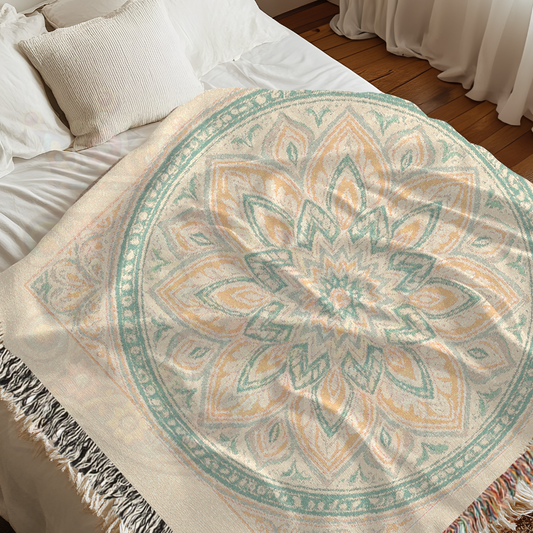 Soft Bloom – Pastel Mandala Woven Blanket with Floral Rosette in Mint & Peach