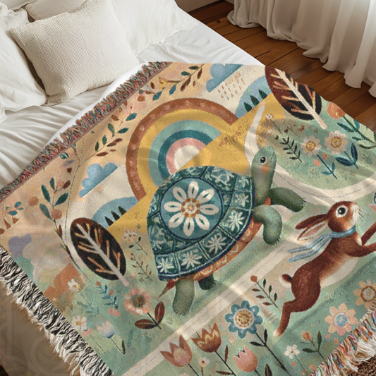 Whimsical Folk Art Woven Blanket – Turtle & Hare Race, Cozy Throw for Storytelling Decor, Nature-Inspired Vintage Fairytale Tapestry