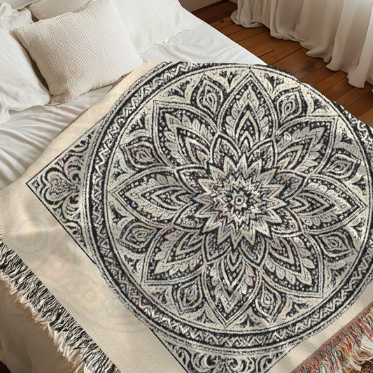 The Stillpoint – Black & White Mandala Woven Throw Blanket in Boho Style