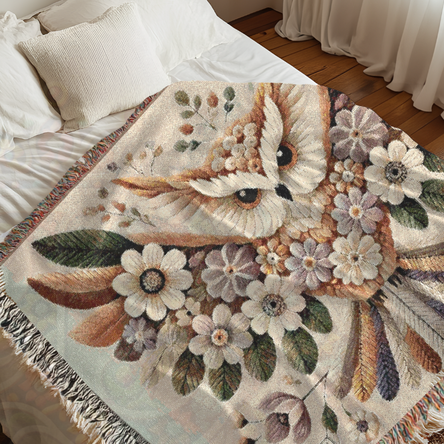 Decorative throw blanket with owl and floral design on a bed