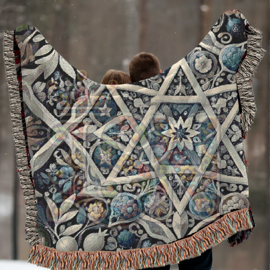 Star of David Woven Throw Blanket – Pomegranate & Floral Jewish Heritage Tapestry