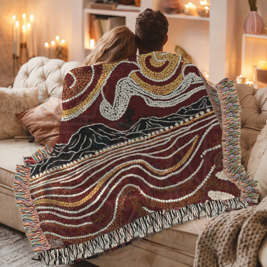 Australian Inspired Woven Blanket – Earthy Tribal Cotton Throw, Abstract Art, Boho Decor, Statement Piece